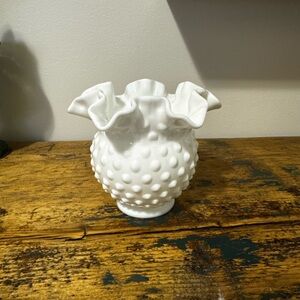 Fenton White Hobnail Ruffled Vase